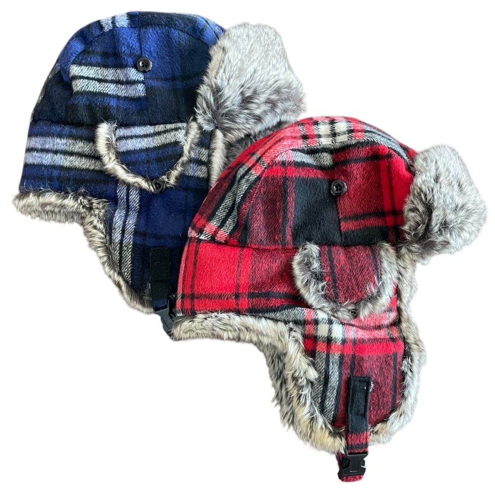 Chaos Plaid Trapper Hats Faux Fur Lined Red Blue Youth OS Lot 2 Winter